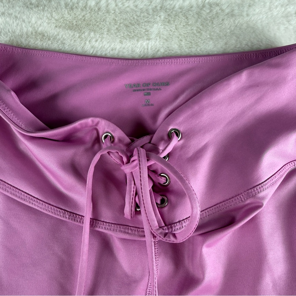 Year Of Ours Lace Up High Waist Leggings Pink‎ Tie Front Workout Pant Women's M - Picture 3 of 7